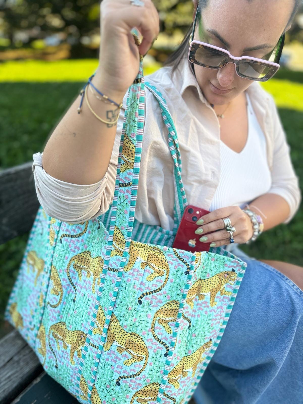 Borsa shopping a spalla stampata in cotone, Borsa trapuntata fatta a mano da donna, borsa tote fatte a mano etniche, Borsa made in India