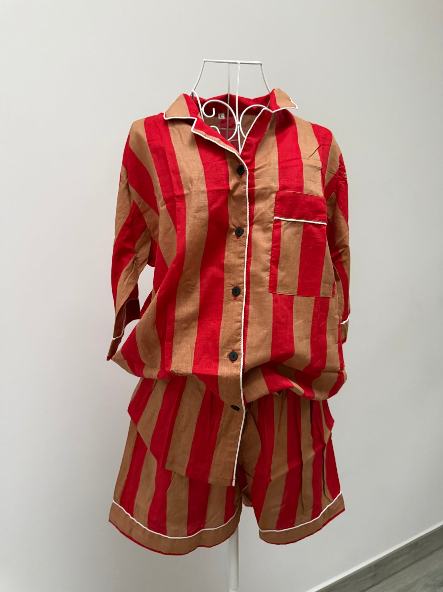 Pigiama corto 100% puro cotone organico righe rosso e beige