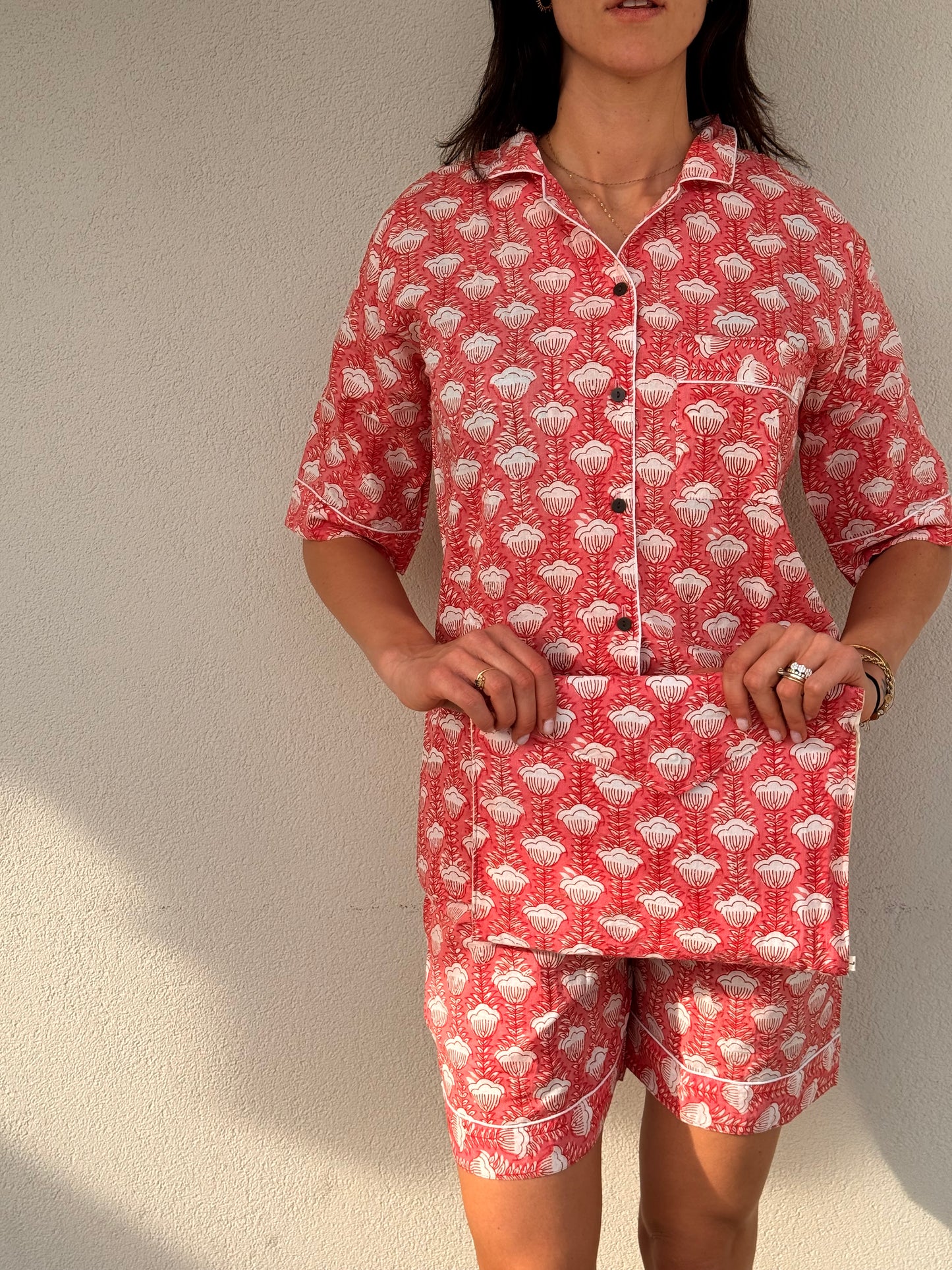 Pigiama corto 100% puro cotone organico campanelle rosa, made in Jaipur