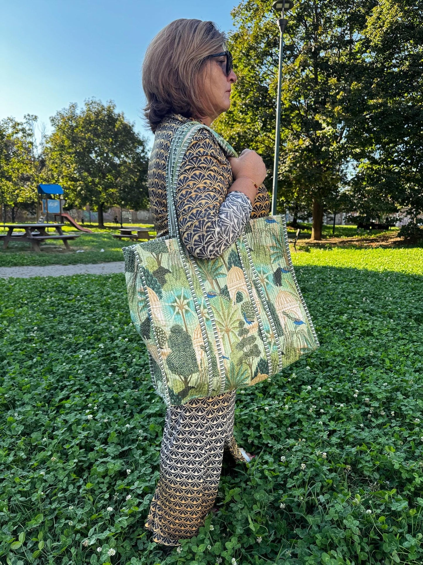 Borsa shopping a spalla stampata in cotone