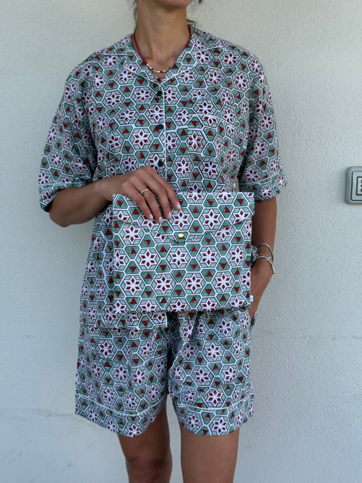 Pigiama corto 100% puro cotone organico geometrico, made in Jaipur