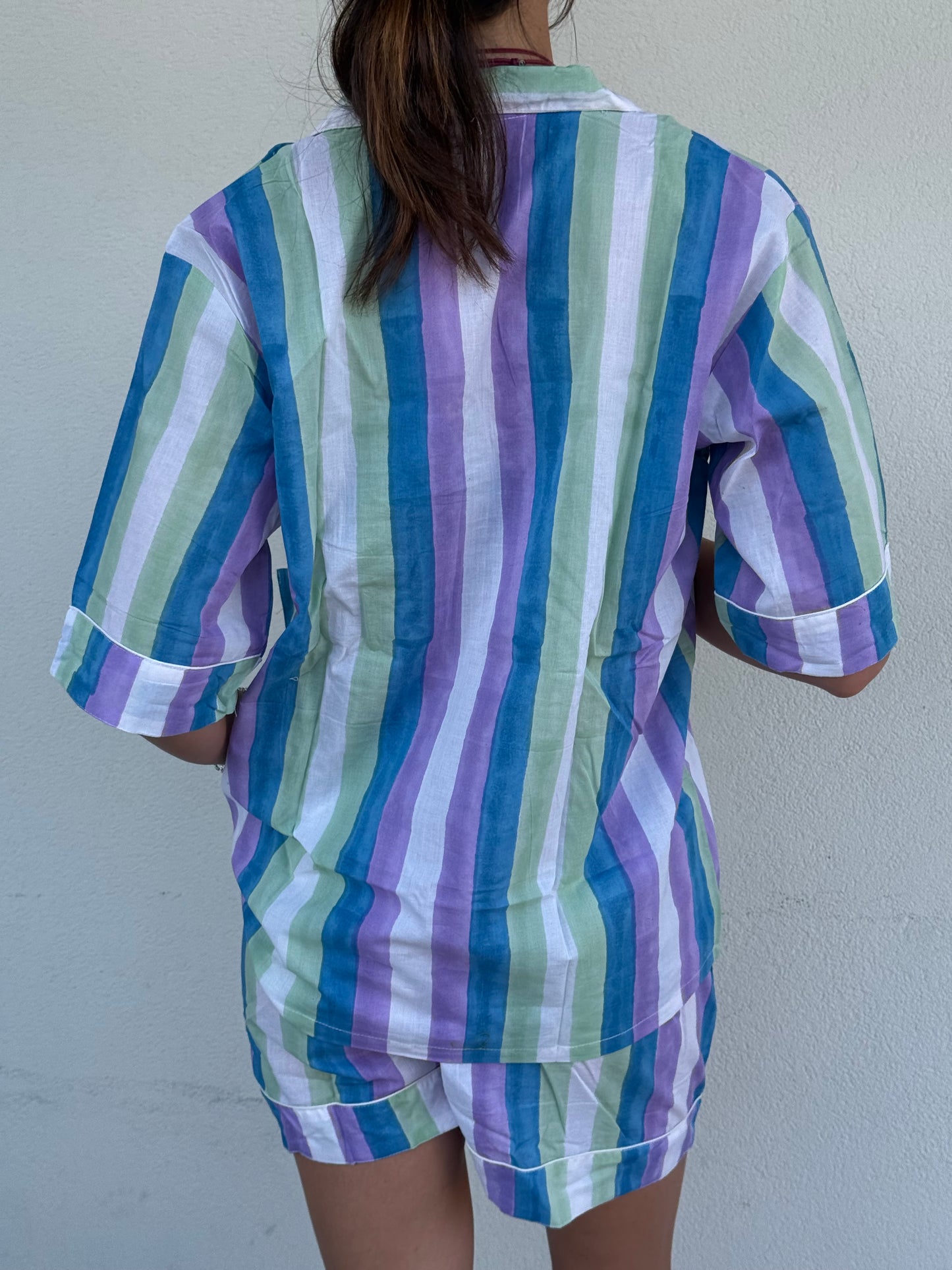 Pigiama corto 100% puro cotone organico righe acquerello, made in Jaipur L