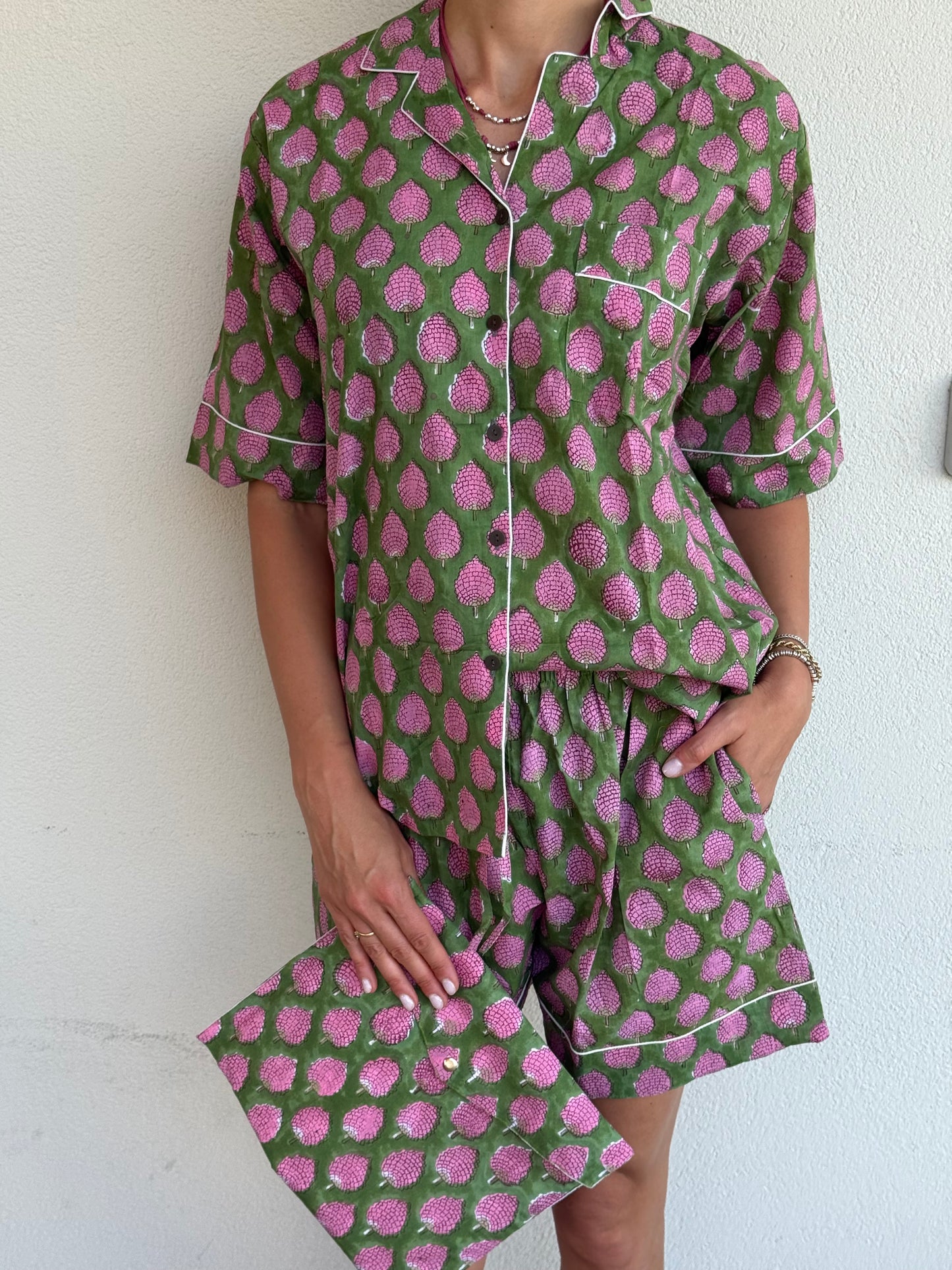 Pigiama corto 100% puro cotone organico more verde e rosa, made in Jaipur