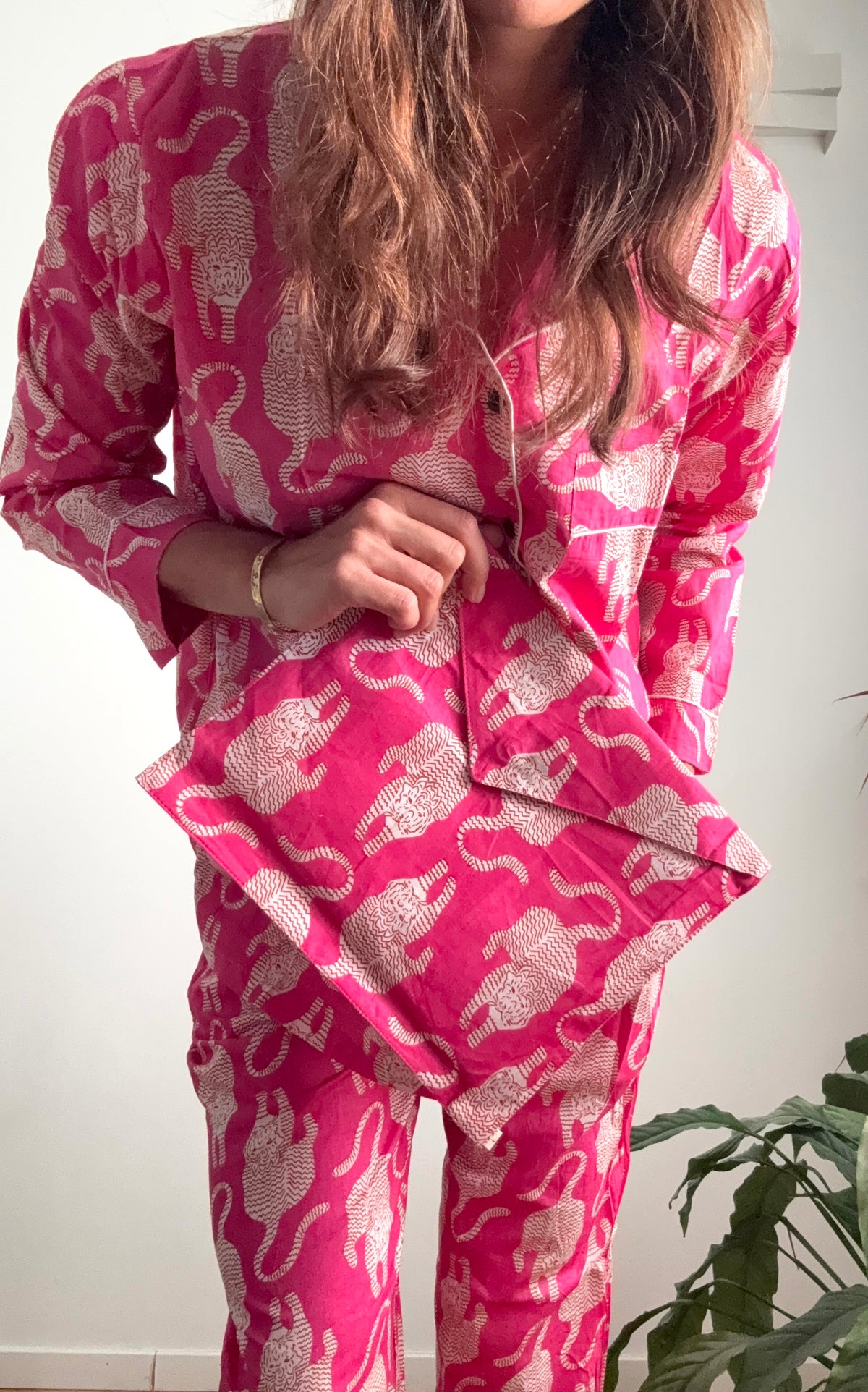 Langer Pyjama aus 100 % reiner Bio-Baumwolle mit Tiermuster, hergestellt in Jaipur