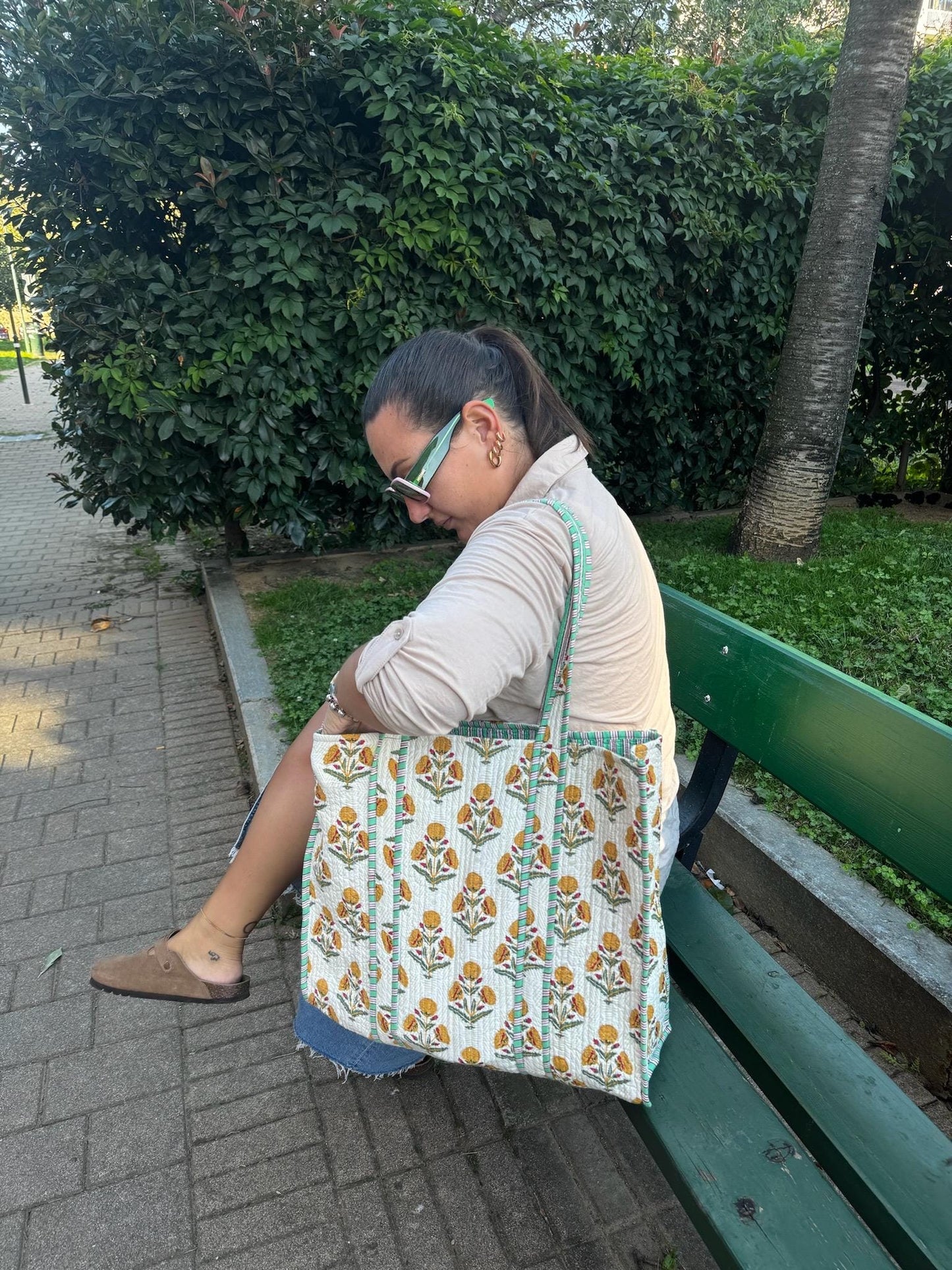 Borsa shopping a spalla stampata in cotone, Borsa trapuntata fatta a mano da donna, borsa tote fatte a mano etniche, Borsa made in India