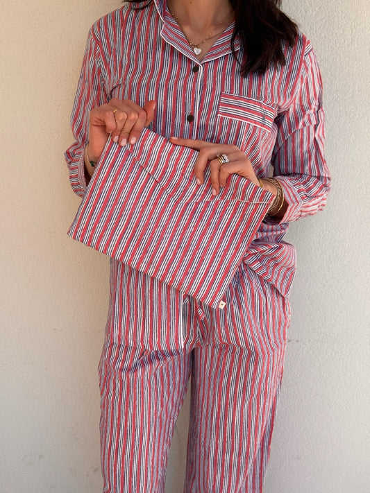 Pigiama lungo 100% puro cotone organico righe sottili made in Jaipur