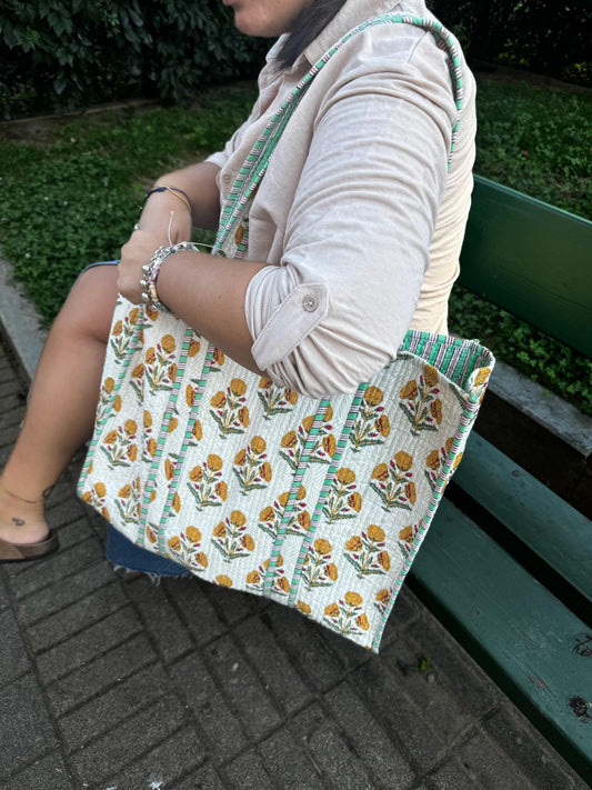 Borsa shopping a spalla stampata in cotone, Borsa trapuntata fatta a mano da donna, borsa tote fatte a mano etniche, Borsa made in India