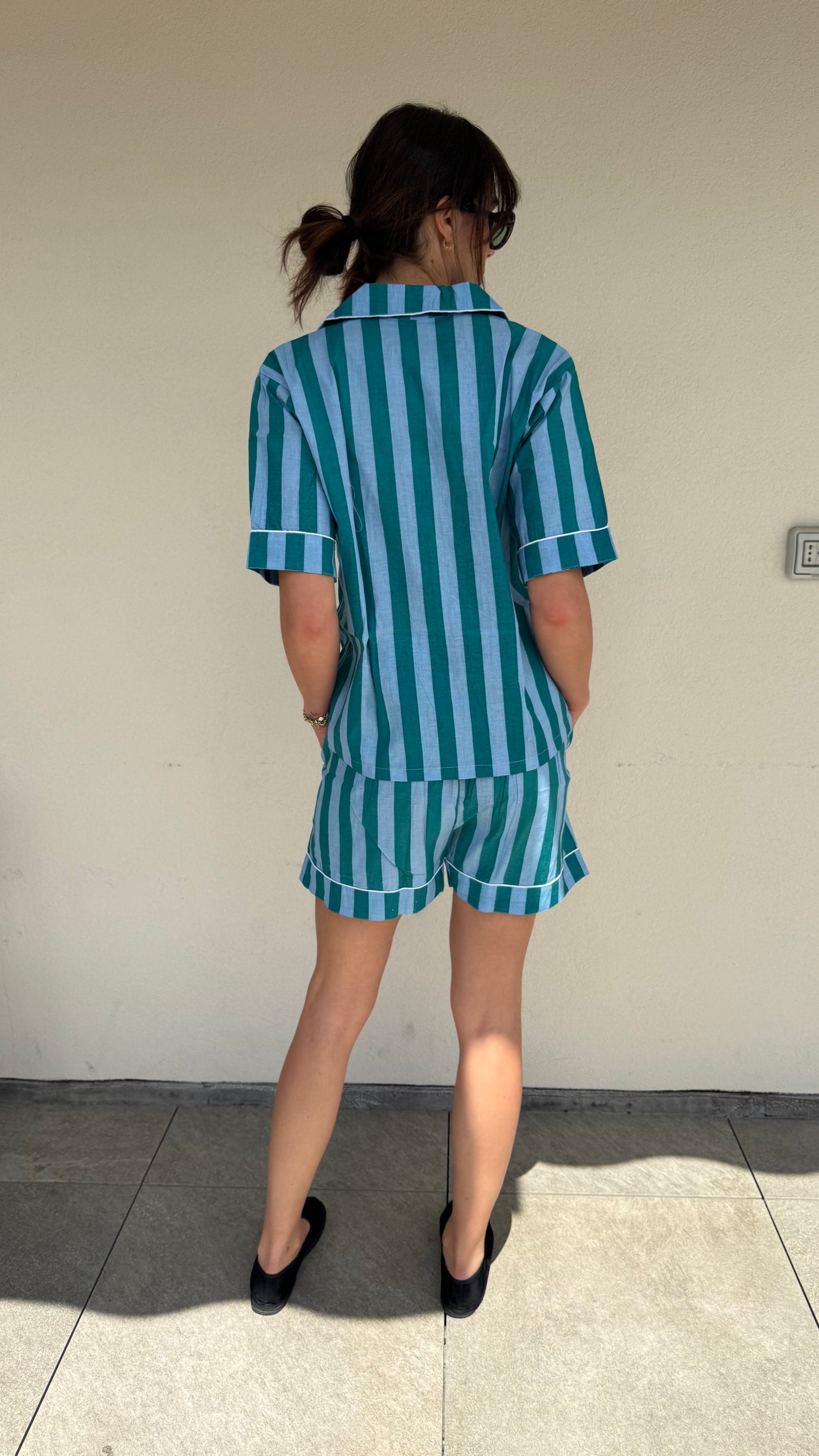 Pigiama corto 100% puro cotone organico righe blu verde ,made in Jaipur