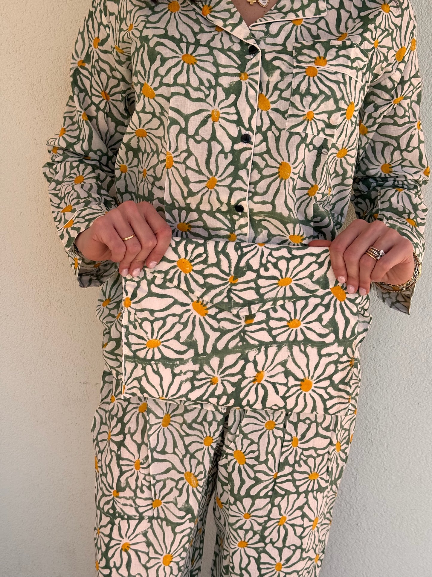 Pigiama lungo 100% puro cotone organico fantasia floreale verde, made in Jaipur