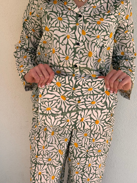 Pigiama lungo 100% puro cotone organico fantasia floreale verde, made in Jaipur