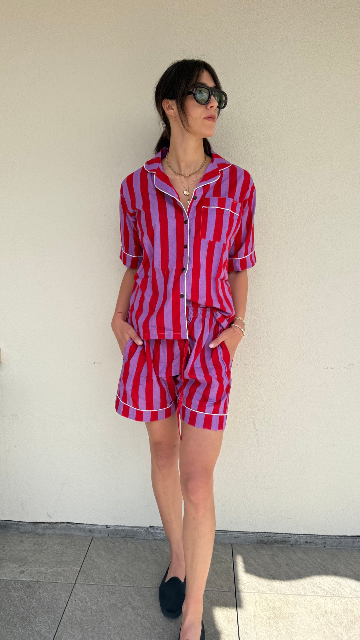 Pigiama corto 100% puro cotone organico righe viola e rosso,made in Jaipur