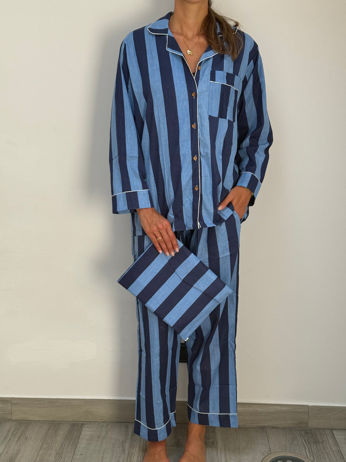 Le Righe - Pigiama lungo 100% puro cotone organico, a righe blu