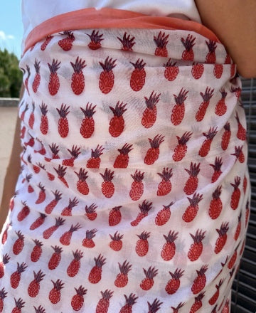 Pareo in mussola di cotone, tessuto stampato a mano. Fantasia ananas. A3