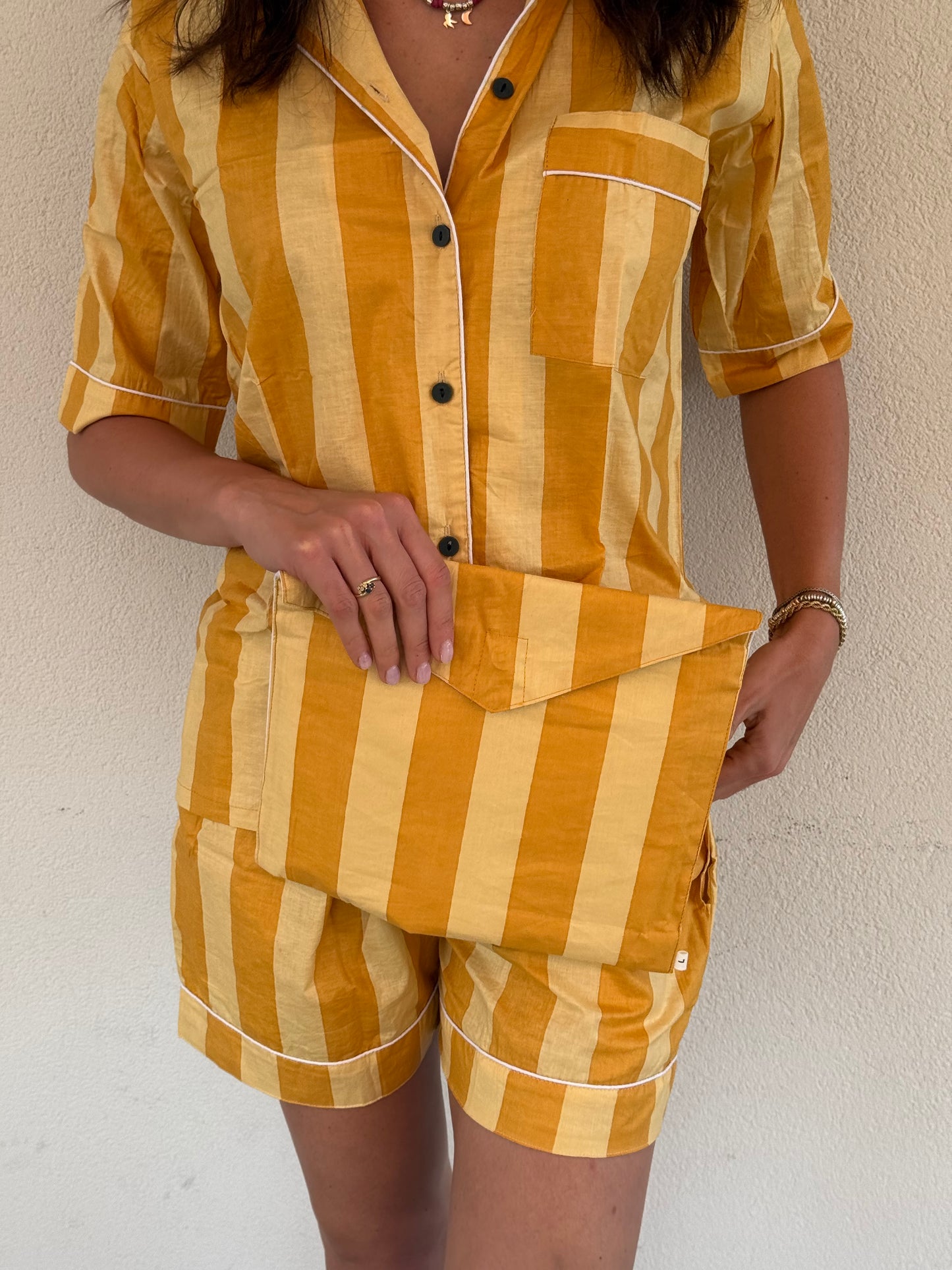Pigiama corto 100% puro cotone organico righe giallo, made in Jaipur