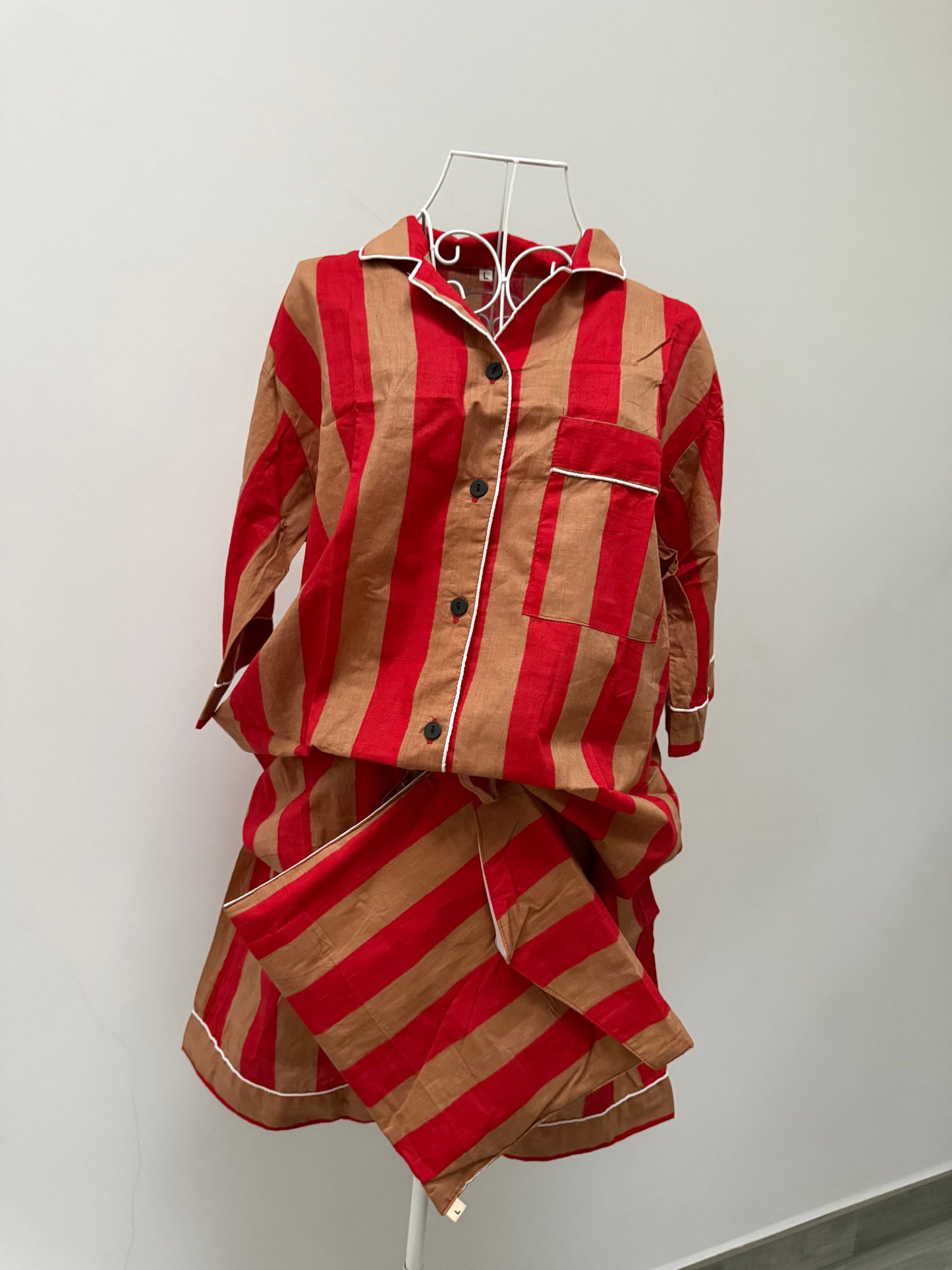 Pigiama corto 100% puro cotone organico righe rosso e beige