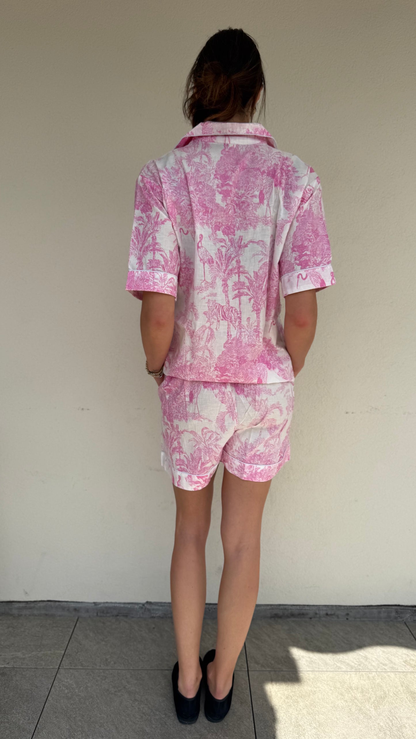 Pigiama corto 100% puro cotone organico fantasia savana rosa,made in Jaipur