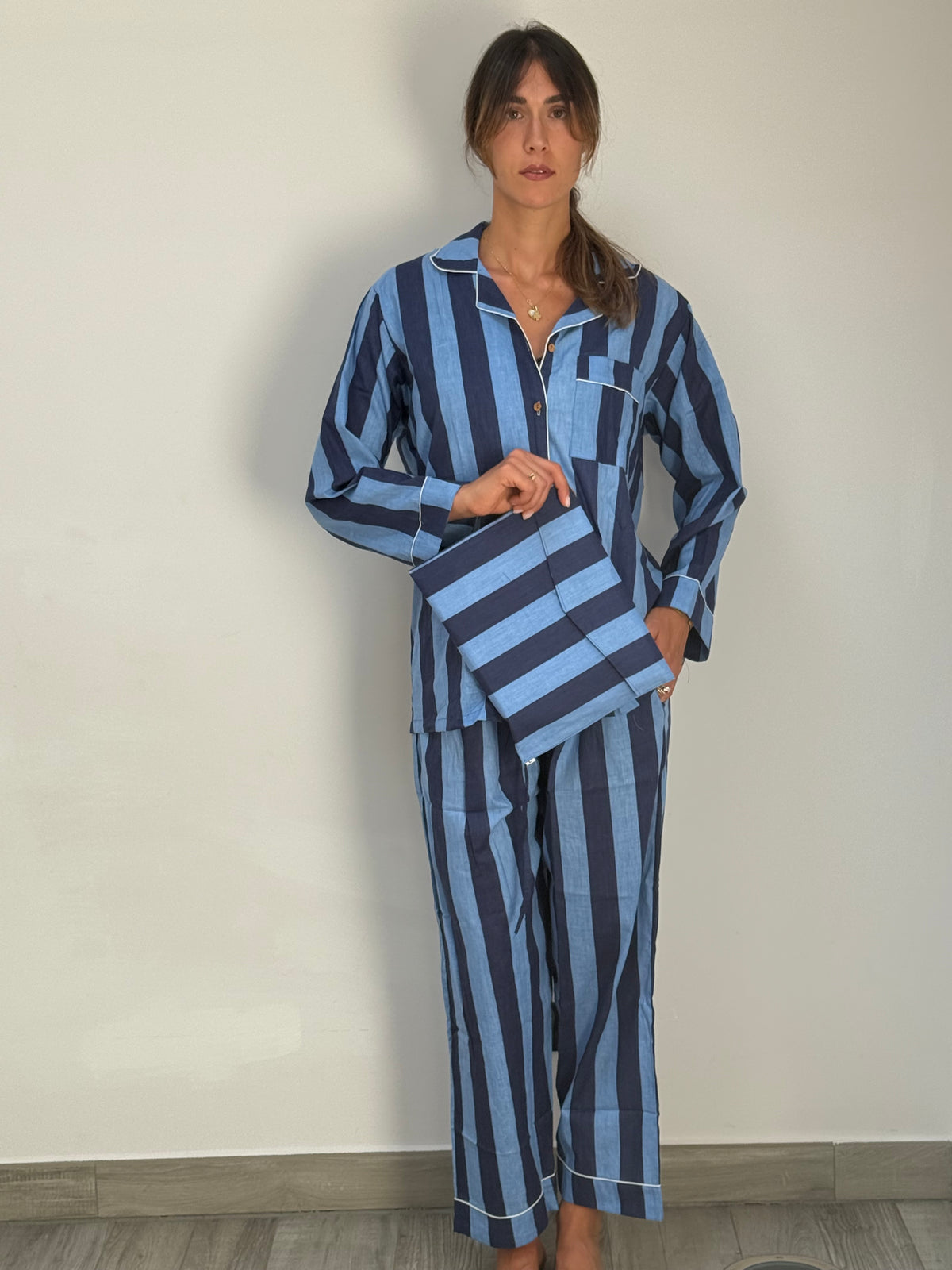 Le Righe - Pigiama lungo 100% puro cotone organico, a righe blu