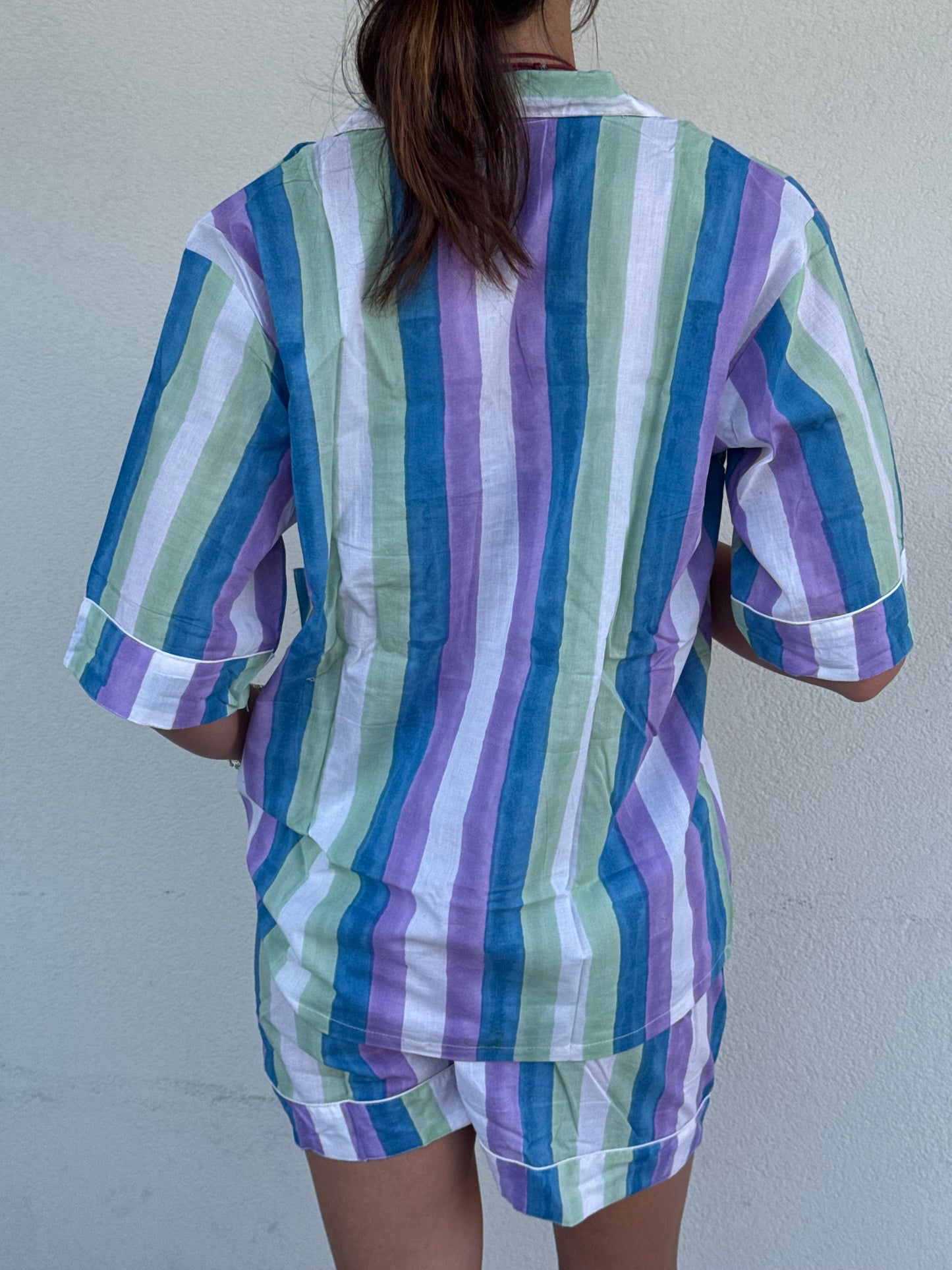 Pigiama corto 100% puro cotone organico righe acquerello, made in Jaipur L