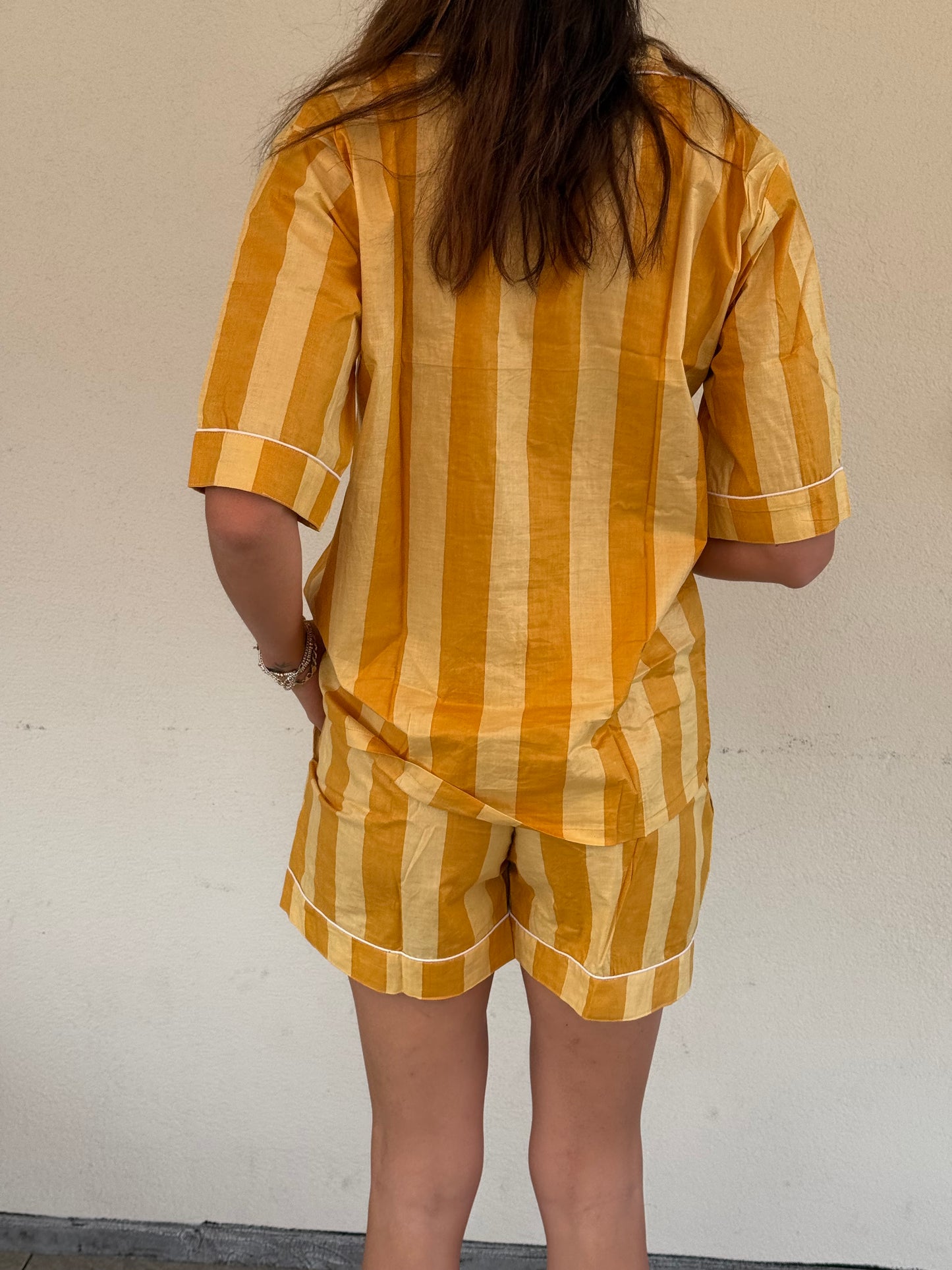 Pigiama corto 100% puro cotone organico righe giallo, made in Jaipur