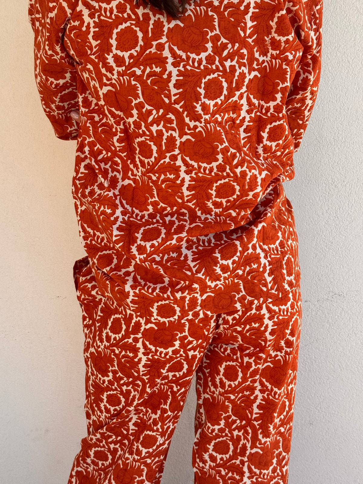 Langer Pyjama aus 100 % reiner Bio-Baumwolle, orange, hergestellt in Jaipur