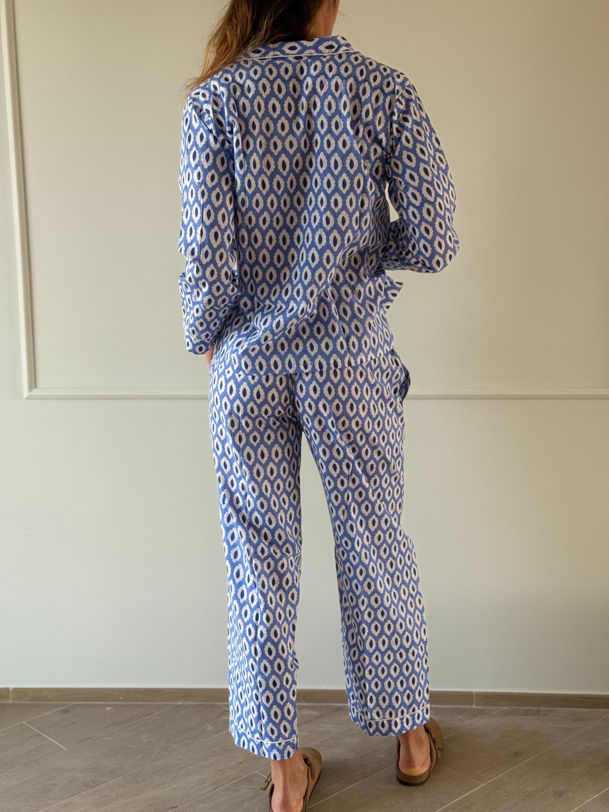 Nuova collezione - Pigiama lungo 100% puro cotone organico fantasia specchietti azzurro