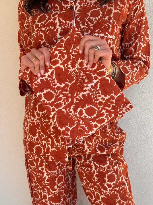 Pigiama lungo 100% puro cotone organico arancione, made in Jaipur