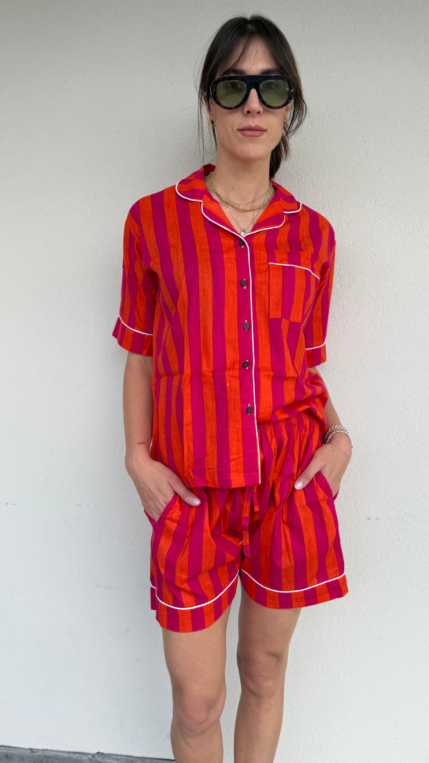Pigiama corto 100% puro cotone organico righe arancio fuxia,made in Jaipur