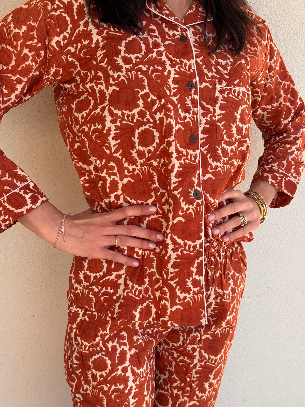 Langer Pyjama aus 100 % reiner Bio-Baumwolle, orange, hergestellt in Jaipur