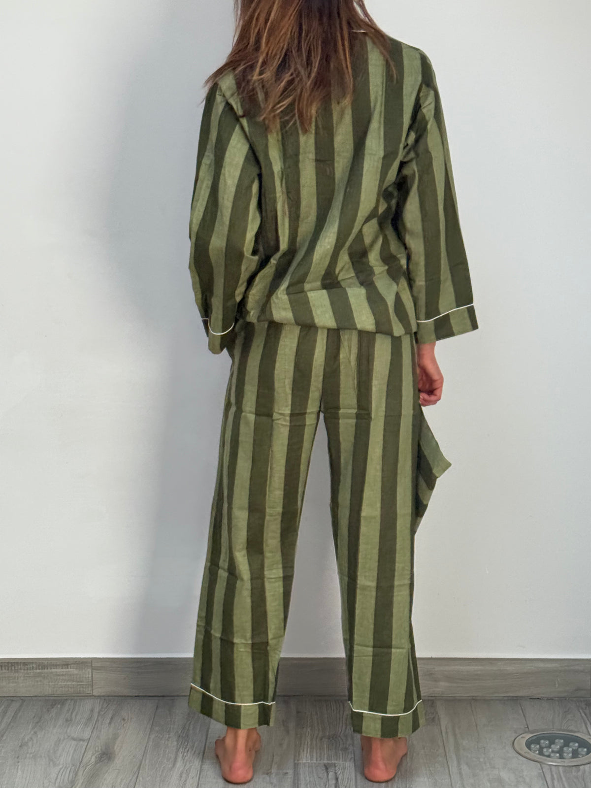 Le Righe - Pigiama lungo 100% puro cotone organico, a righe verde