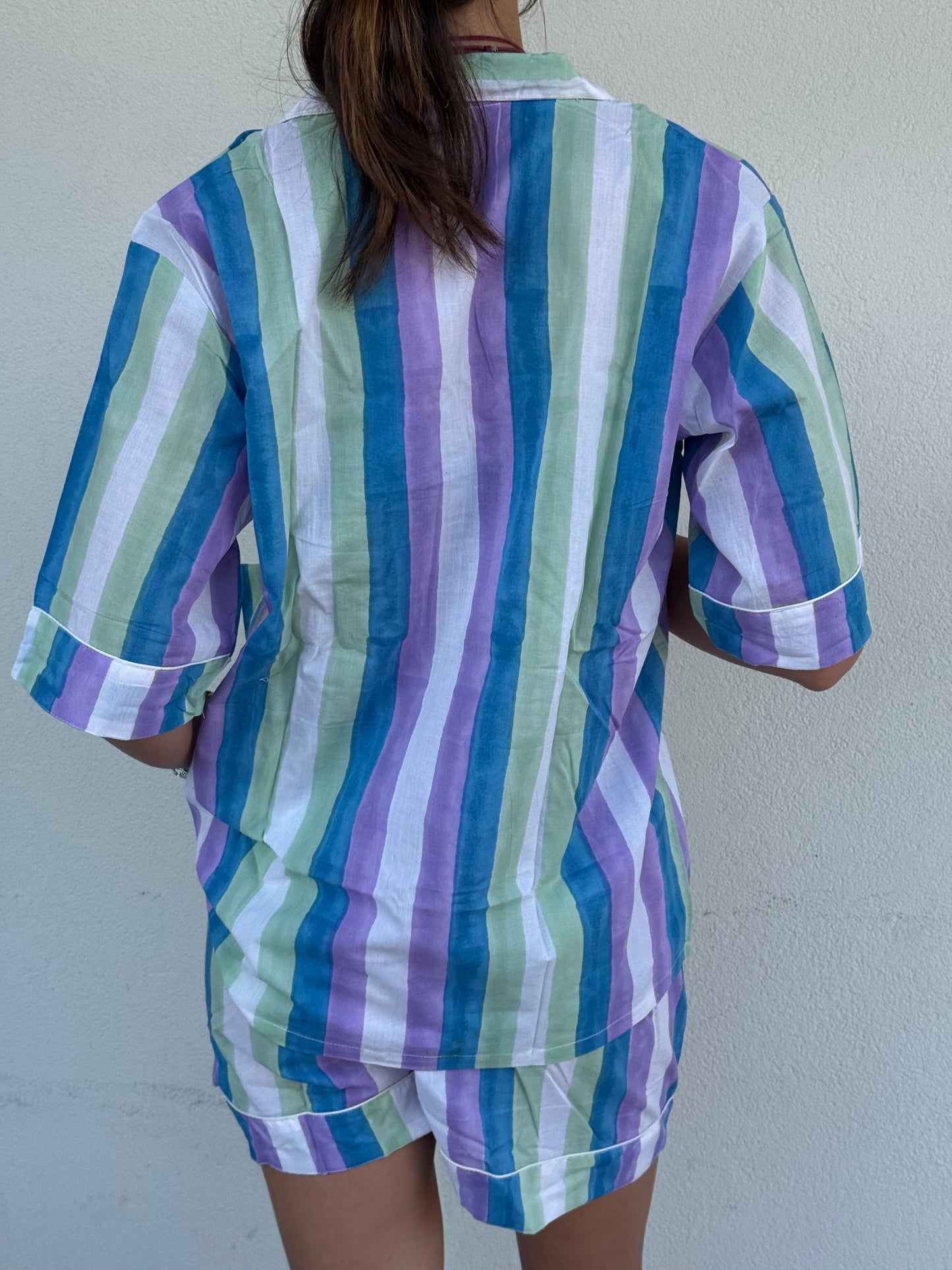 Pigiama corto 100% puro cotone organico righe acquerello, made in Jaipur L