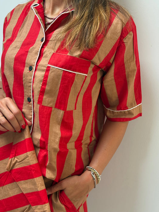 Pigiama corto 100% puro cotone organico - Righe Rosso/Beige