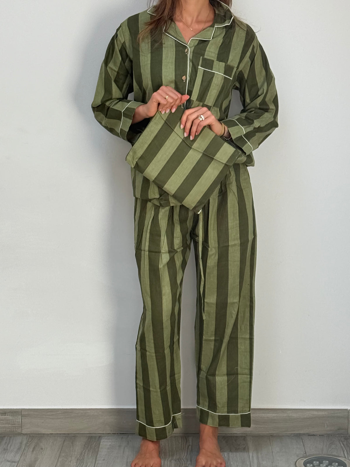 Le Righe - Pigiama lungo 100% puro cotone organico, a righe verde
