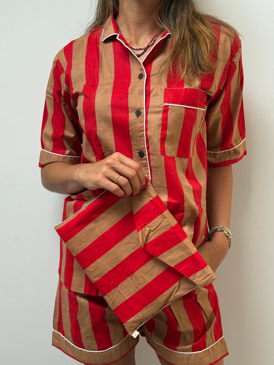 Pigiama corto 100% puro cotone organico - Righe Rosso/Beige