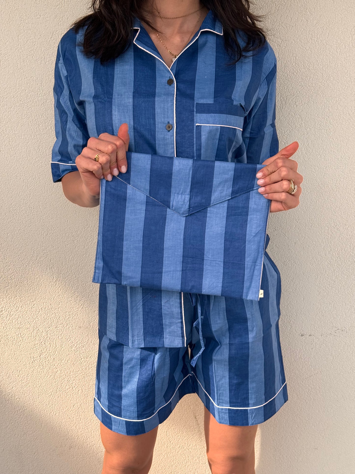 Pigiama corto 100% puro cotone organico righe blu, made in Jaipur