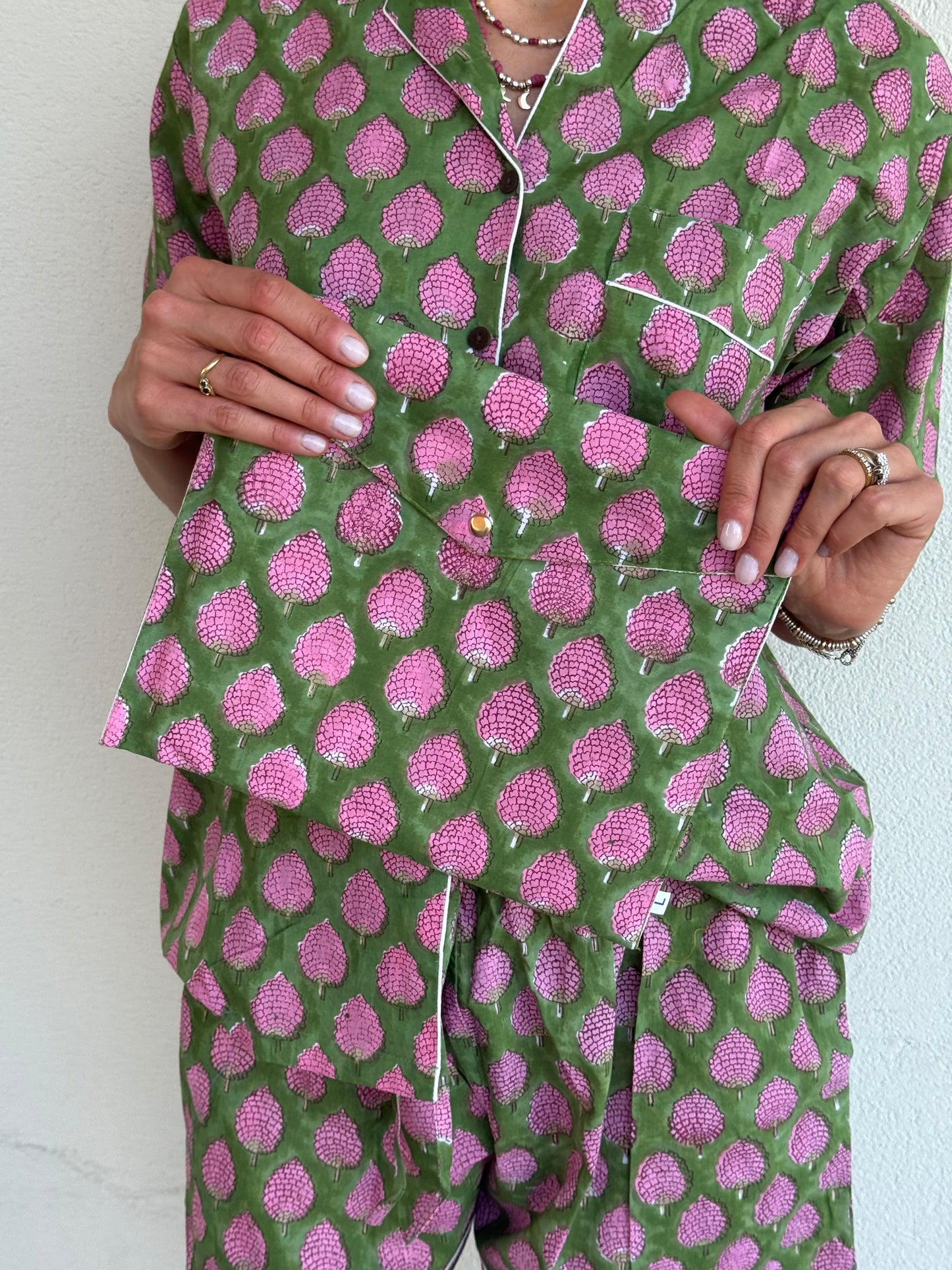 Pigiama corto 100% puro cotone organico more verde e rosa, made in Jaipur