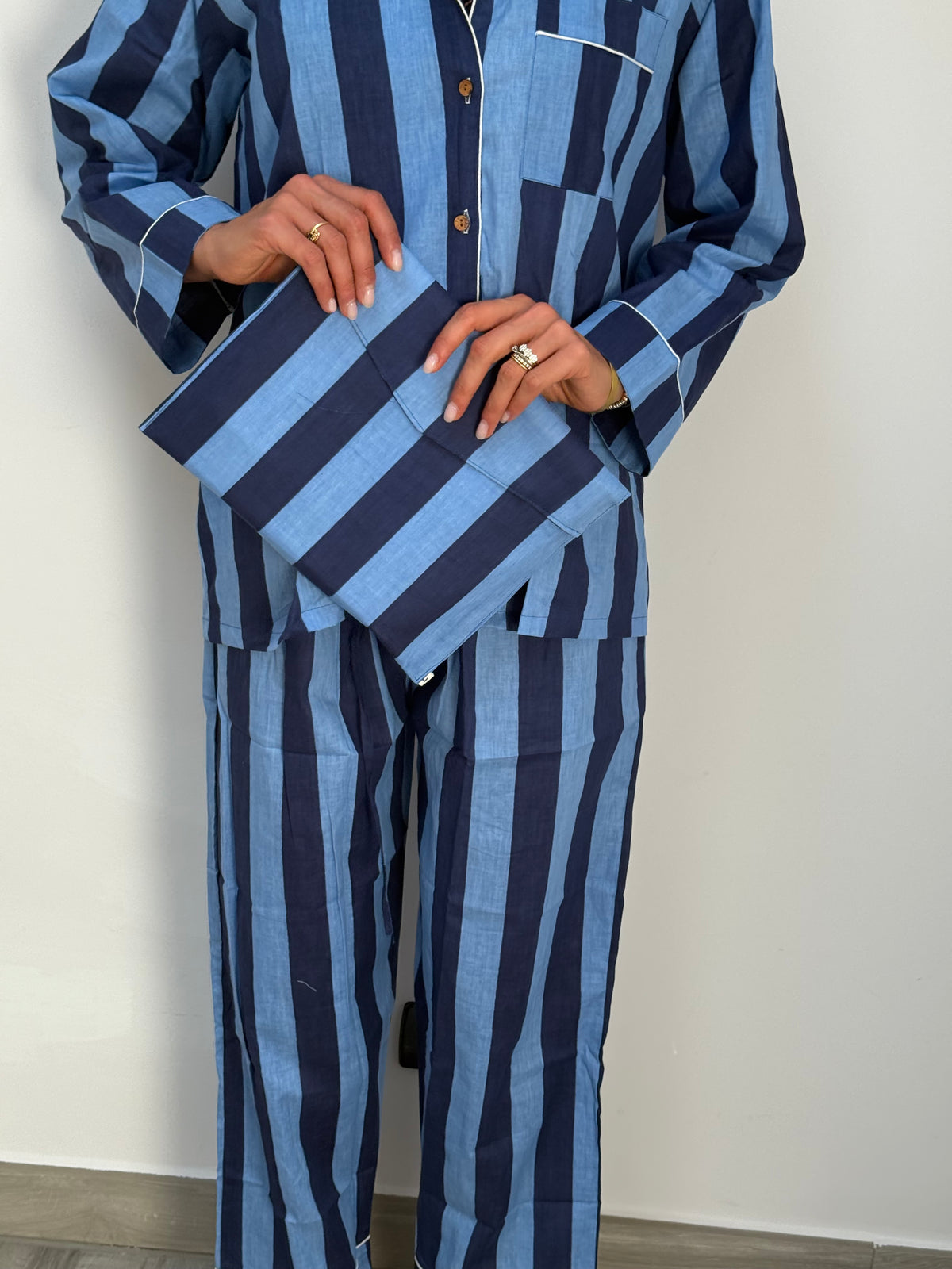Le Righe - Pigiama lungo 100% puro cotone organico, a righe blu