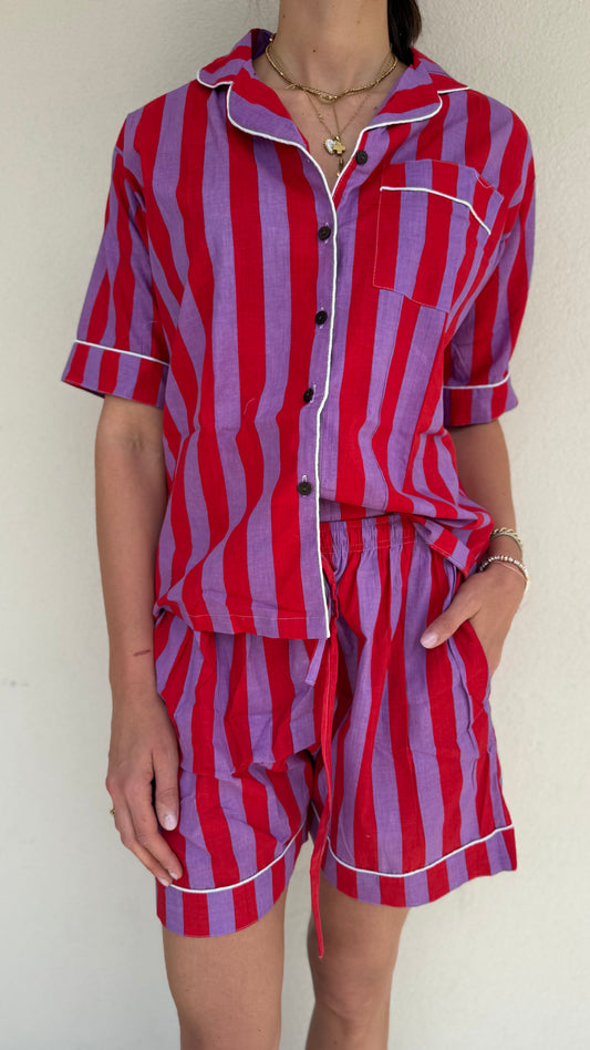 Pigiama corto 100% puro cotone organico righe viola e rosso,made in Jaipur