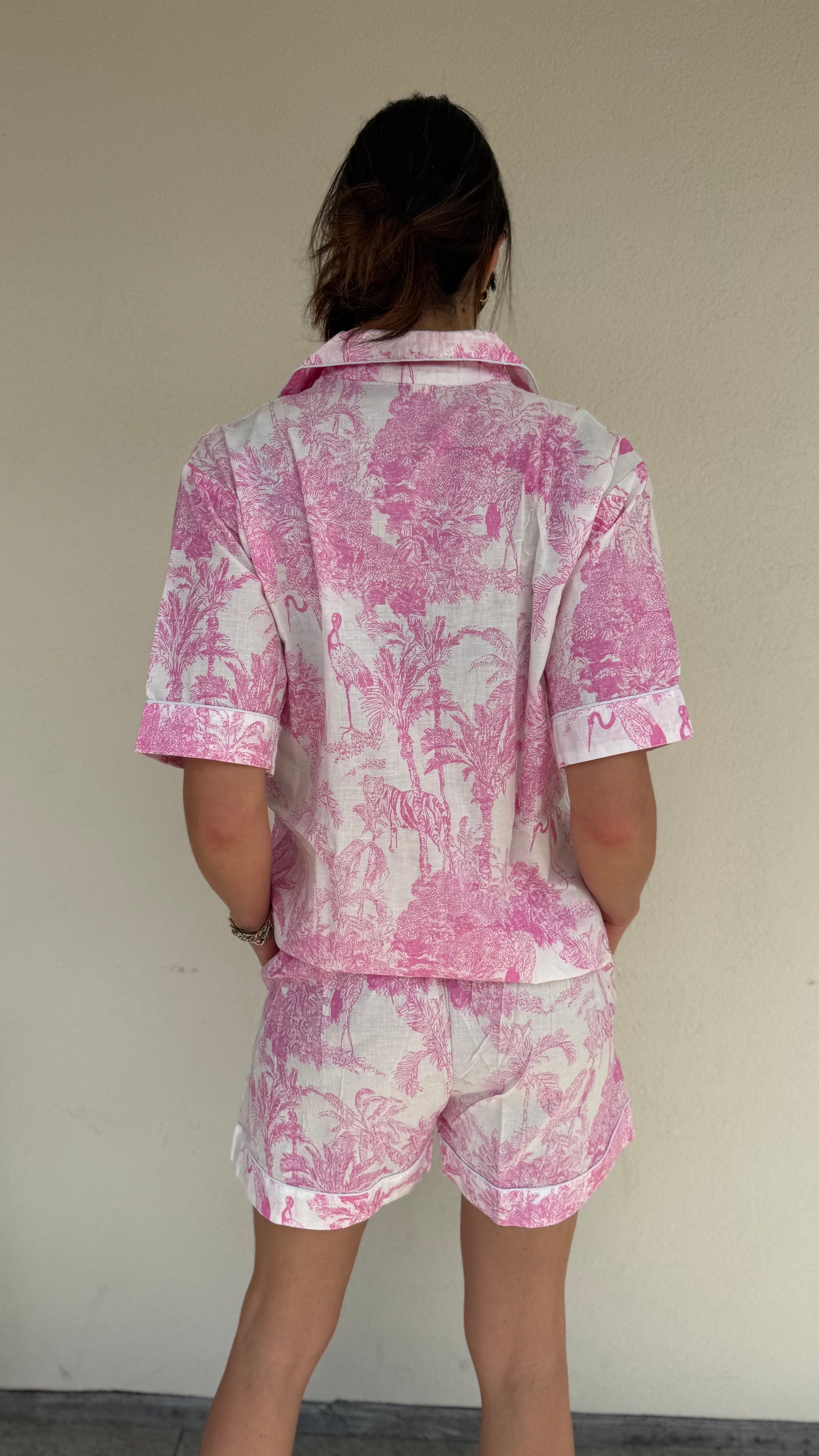Pigiama corto 100% puro cotone organico fantasia savana rosa,made in Jaipur