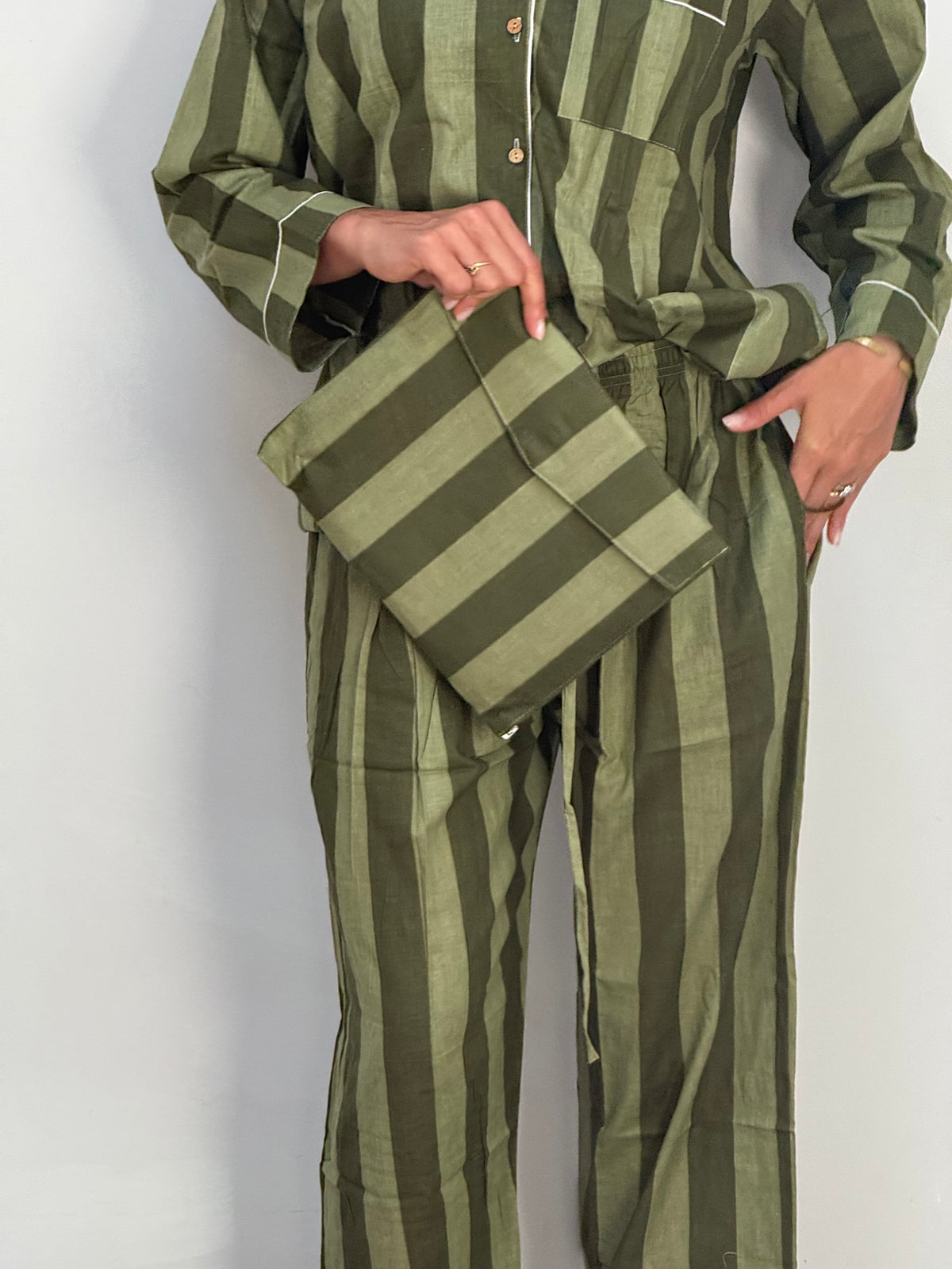 Le Righe - Pigiama lungo 100% puro cotone organico, a righe verde