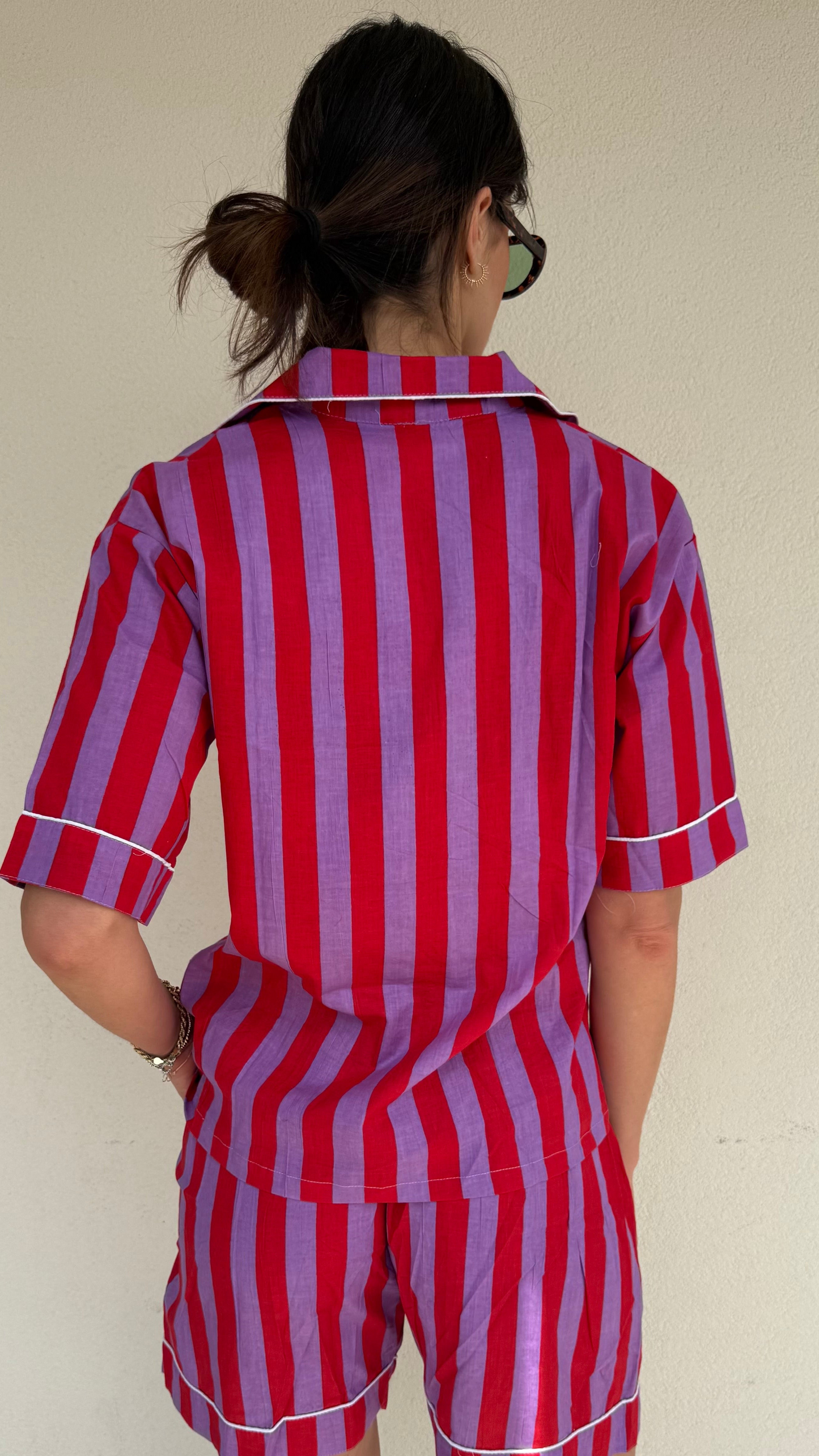 Pigiama corto 100% puro cotone organico righe viola e rosso,made in Jaipur