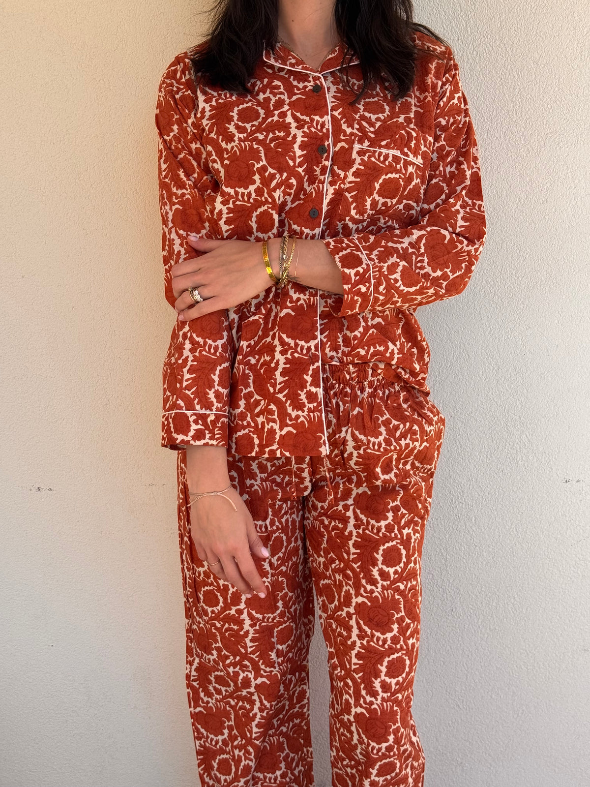 Langer Pyjama aus 100 % reiner Bio-Baumwolle, orange, hergestellt in Jaipur