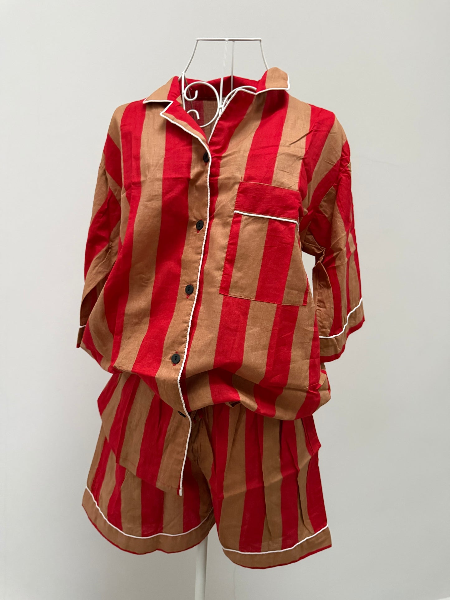 Pigiama corto 100% puro cotone organico righe rosso e beige