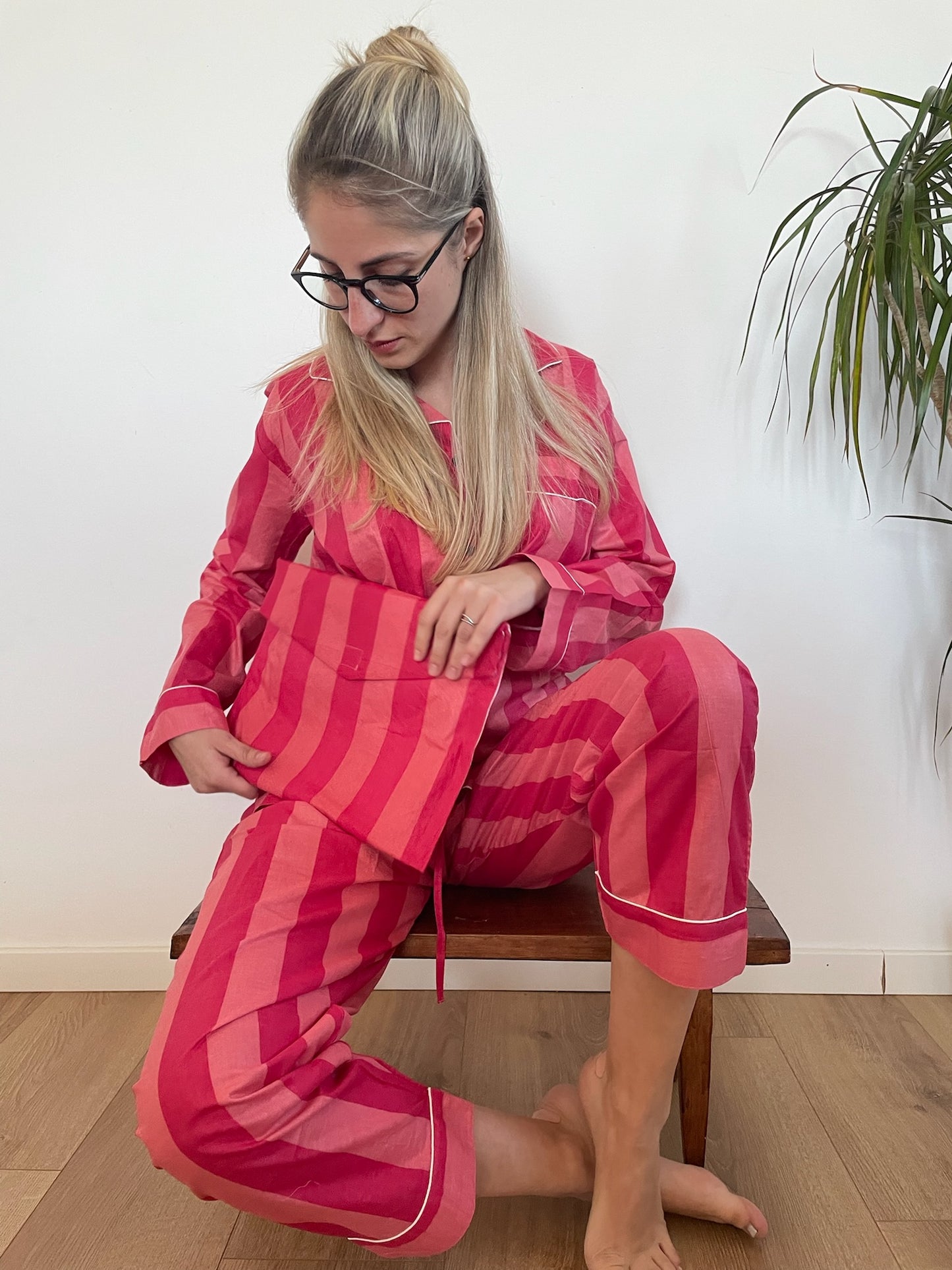 Pigiama lungo 100% puro cotone organico a righe, made in Jaipur