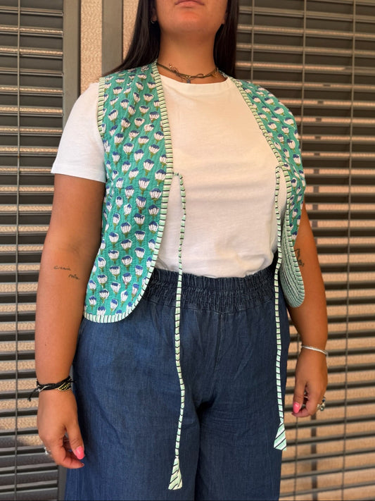 Gilet in cotone trapuntato verde chiaro, made in Jaipur