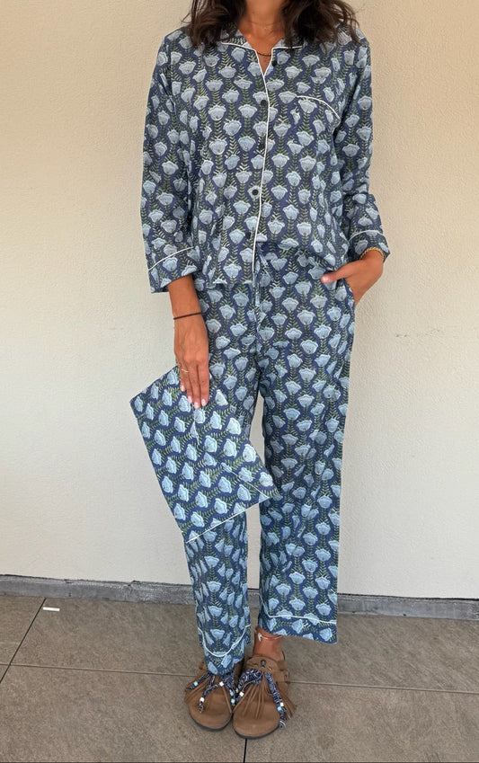 Pigiama 100% puro cotone organico fantasia floreale, made in Jaipur