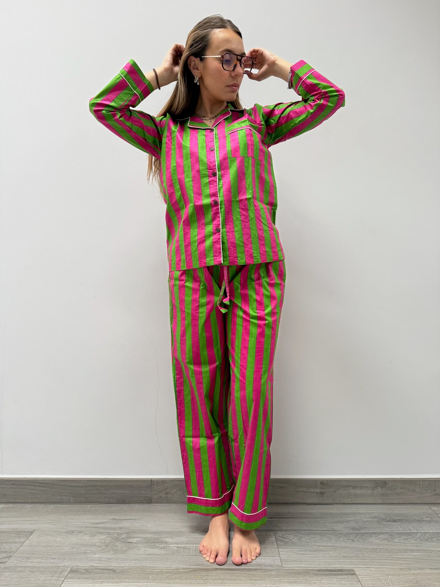 Pigiama 100% puro cotone organico a righe, made in Jaipur