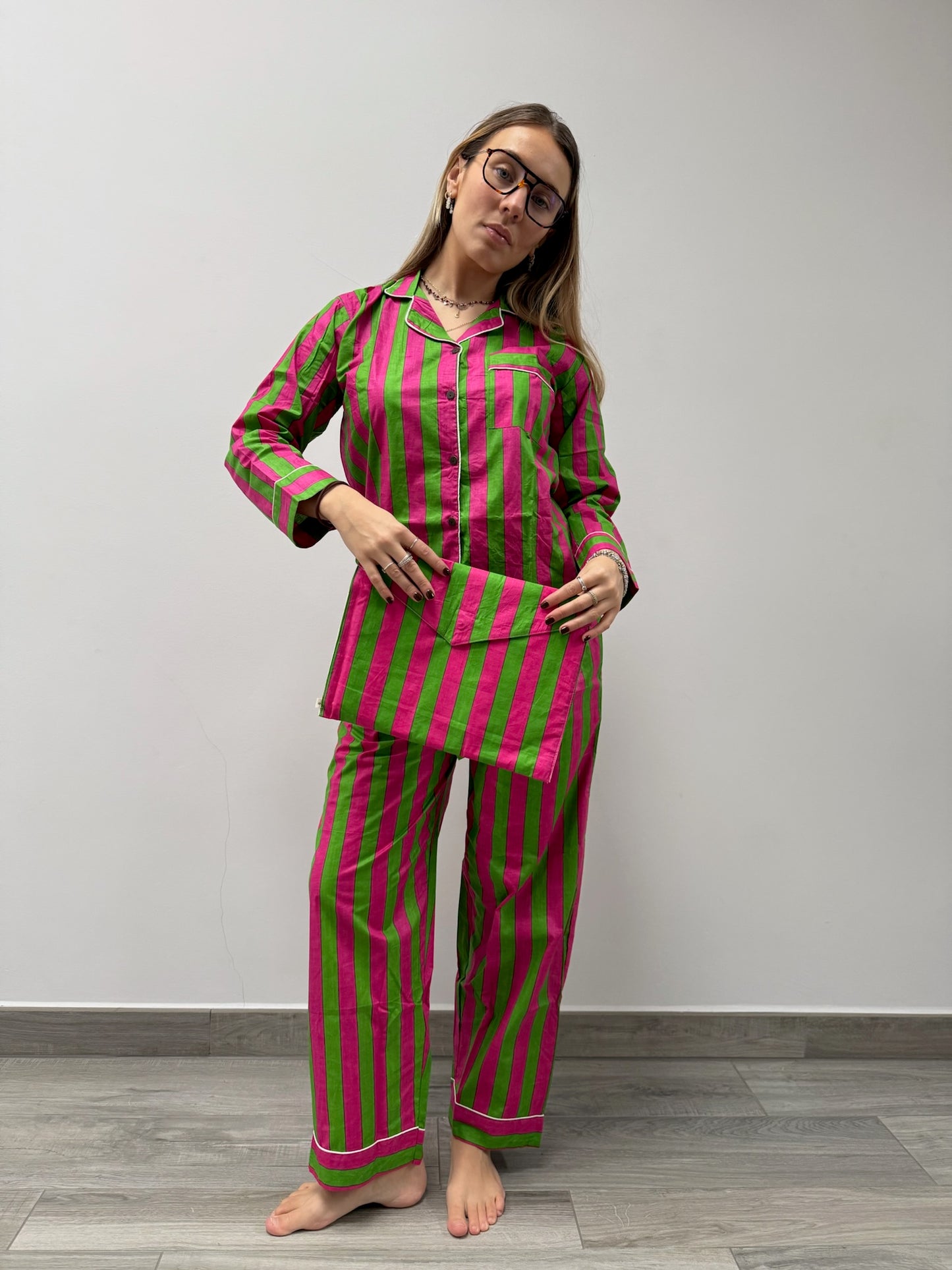 Pigiama 100% puro cotone organico a righe, made in Jaipur