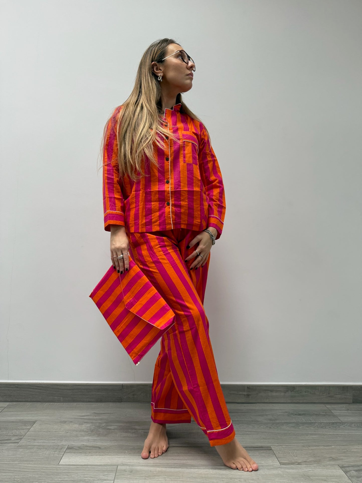 Pigiama 100% puro cotone organico a righe, made in Jaipur