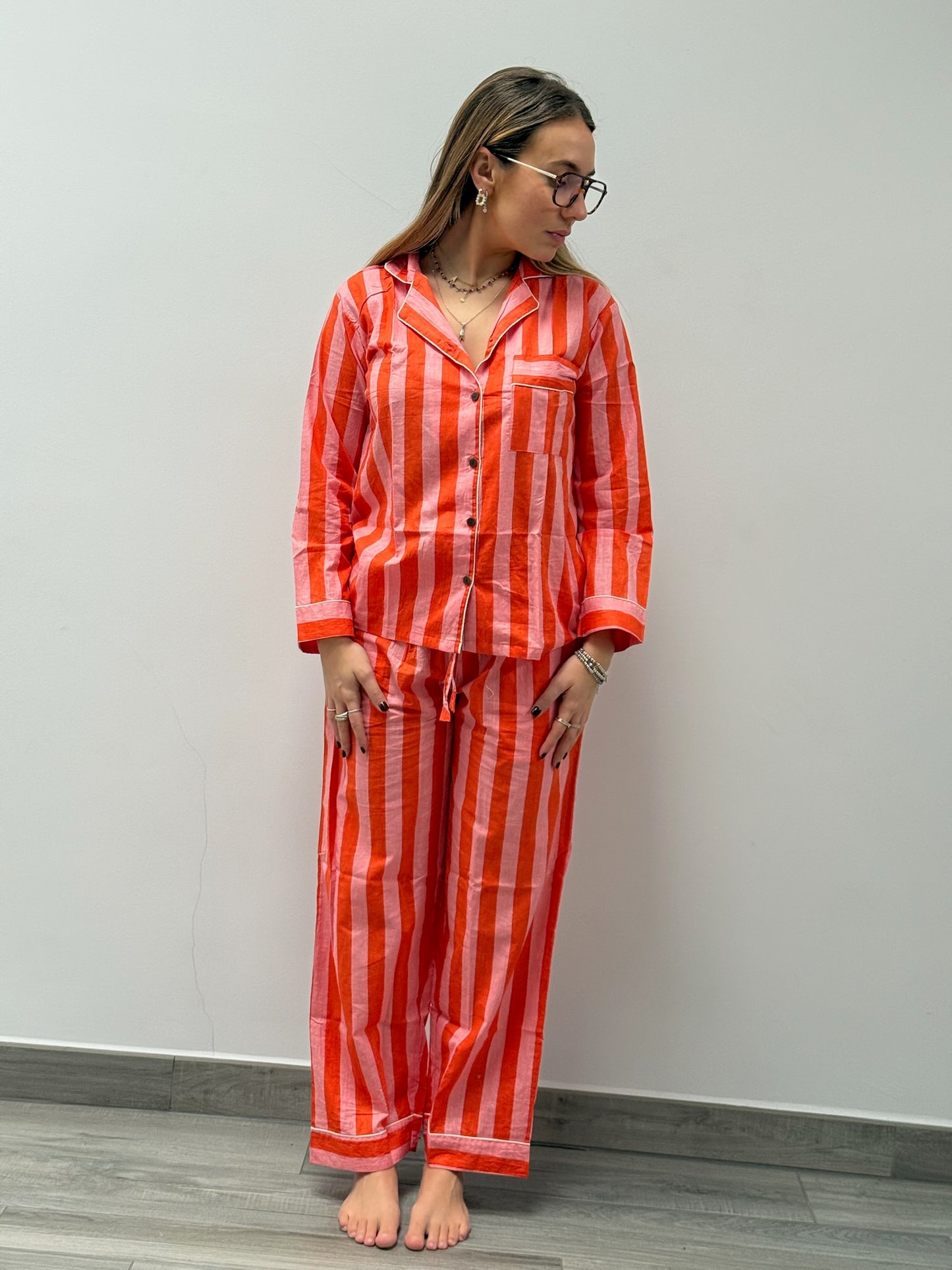 Pigiama 100% puro cotone organico a righe, made in Jaipur