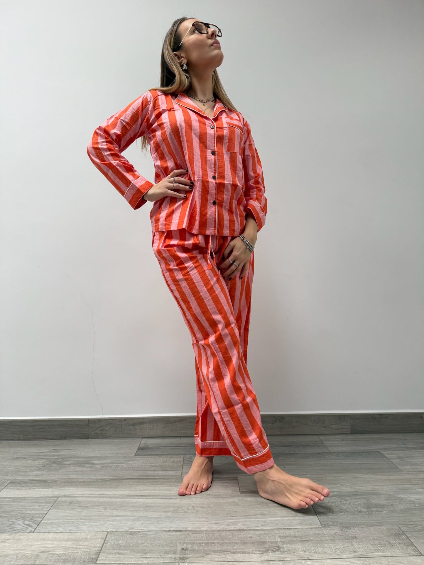 Pigiama 100% puro cotone organico a righe, made in Jaipur